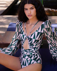 Lizakosht Sexy V-Neck Bandage Printing Long Sleeves Swimwear Women's Suit Surf Wear Push Up Micro Swimsuit Luxury Shorts Bourkini