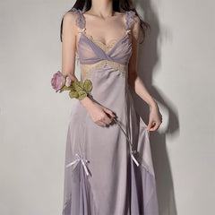 Lizakosht Woman Purple Pajamas Sleepwear Sexy Lace Nightdress Elagent V-collar Sling Bowknot Dress Skin Friendly Perspective Nightgown