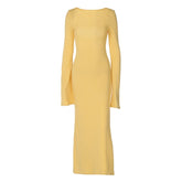 Lizakosht Flare Long Sleeve Casual Holiday Dress Spring Autumn Outfits Round Neck Sexy Open Back Fashion Simple Style Maxi Dress