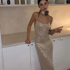 Lizakosht Women Sexy Spaghetti Straps Backless See-through Glitter Sequins Summer Long Sling Dress for Evening Party Clubwear