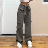 Lizakosht Harajuku Pockets Cargo Jeans Sashes Korean Fashion Loose Straight Denim Trousers Y2K High Waist Pants Vintage Streetwear