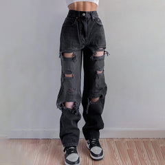 Chunky Dunky High Waist Ripped Jeans Raw Edge Loose Straight Pants Washed Black Denim Trousers Street Style Women's