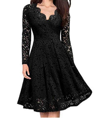 Lizakosht Autumn Winter Women V-Neck Lace Flower Elegant Casual Dress Lined Long-Sleeved Fashion Lady A-Line Formal Evening Gowns Dress