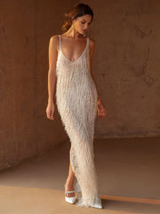 Lizakosht Deep V Sling Split Tassel Long Dress Women Sleeveless Floor Length Slim Robes Summer Sexy Lady Backless Evening vestido