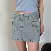 Lizakosht Fashion Double Pocket Light Blue Denim Skirt Casual High Waist Women Package Hip Skirts Street Ladies Straight Short Skirt
