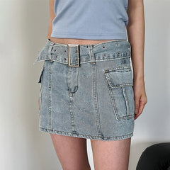 Lizakosht Fashion Double Pocket Light Blue Denim Skirt Casual High Waist Women Package Hip Skirts Street Ladies Straight Short Skirt