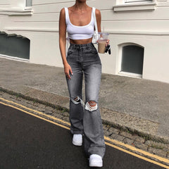 Lizakosht Cutistation Ripped Denim Jeans Woman Summer High Waist Full Length Flare Pants Wide Leg Y2k Trousers Plus Size Women Clothing