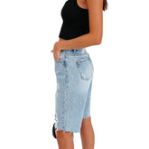 Lizakosht Women Jorts Y2k Short Mid Waist BF Straight Leg Knee-length Ripped Streetwear Jeans Shorts Demin Blue Summer Hot With Pockets