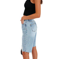 Lizakosht Women Jorts Y2k Short Mid Waist BF Straight Leg Knee-length Ripped Streetwear Jeans Shorts Demin Blue Summer Hot With Pockets