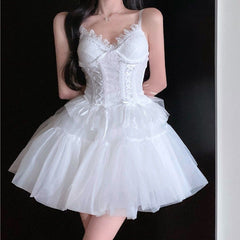 Dress Sets Sexy Two Piece Set Women Lace White Slim Bandage Camis Crop Top Summer Party Cute Mesh Fluffy Tutu Skirt