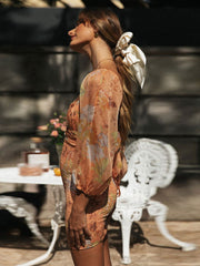 Lizakosht Fashion Square Collar Print Lantern Sleeve Chiffon Dress For Women 2023 Sexy Backless lacing Wrap-around Mini Dresses A2692