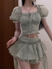 Lizakosht Green France Sweet Two Piece Set Women Summer Korean Style Mini Skirt Suit Female Elegant Puff Sleeve Tops+Irregular Skirts