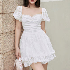 Lizakosht Women Sexy Kawaii Mini Dress Summer Fashion Lady Sweetheart White Puff Sleeve Big Swing Party Beach Dresses Casual Robe Femme