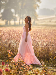 Pastoral Style Summer Women'S Dress One Word Collar Sleeveless Open Back Solid Color Sexy Dress Simple Stitching Pink Dresses