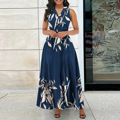 Lizakosht Summer Casual Leaves Print Long Dress Elegant Sleeveless Lapel Pleated Long Dress New Sexy V Neck Button High Waist Office Dress