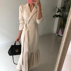 Lizakosht Autumn Winter Vintage Long Dress Korean Style Full Sleeve Double-breasted Pleated Hem Casual Dresses Women with Belt