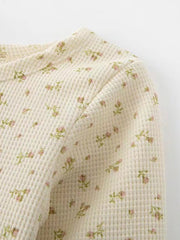 Lizakosht Sweet Floral Print Waffle T-shirts Women Vintage Cute Round Neck Slim Long Sleeve T Shirt Women Casual Harajuku Y2k Crop Top