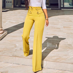 Lizakosht Casual Women Trousers Fashion Leggins Houndstooth Print Buttoned High Waist Wide Leg Tailored Pants