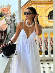 Lizakosht White Women Sundress Backless Sexy Casual Beach Vestidos Maxi Long A-line Fashion Holiday New Dress