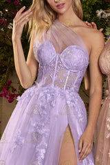 Tulle Formal Prom Gown Long Sheer Boning Bodice One Shoulder Floral Applique Skirt Leg Slit Prom Formal Gala Dress Evening Party