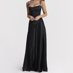 Lizakosht Black Evening Party Dresses Female Suspender Backless Bandage Long Satin Dress for Women 2023 Summer Fashion New