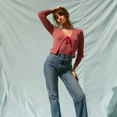 Lizakosht Rowling Mirror Striped Belt Knit Women Cardigan V-neck Long Sleeve Loose Lady Blouse Casual Female Tops