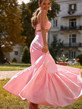 Summer Women'S One Word Collar Sleeveless Solid Color Sexy Open-back Short Top Street High Waist Skirt Pink Dress Two-piece Set