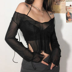 HOUZHOU Sexy Black Mesh Crop Top Women Gothic Y2K Grunge See-through Irregular Split Long Sleeve T-shirts Punk Goth Streetwear