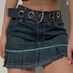 Lizakosht Y2k Vintage Belt Pleated skirt Girl Denim street clothes Trendy Mini skirt Harajuku Korean trendy skirt punk fashion 90s