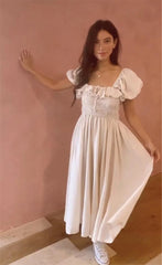 Lizakosht Vintage clothes dress elegant midi dresses short sleeve square neck dress puff sleeve shirred dresses for women Summer