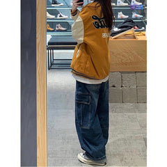 Dark Blue vintage cargo Jeans Women's 2022 Spring y2k Streetwear Loose high waisted jeans Straight Wide Leg cargo Jeans Women's