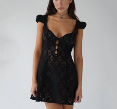 Alinemyer Square Collar Black Mini Dress 2022 Summer Sexy High Waist Short Sleeve Beachwear Bodycon Hollow Out Sundress Female