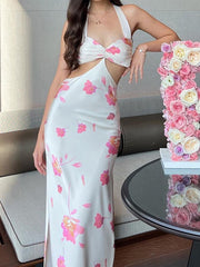 Lady Halter Lace-up Slit Slim Maxi Dress Sexy Floral Print Hollow Out Party Dress Summer Elegant Backless Chic Fashion Dress New