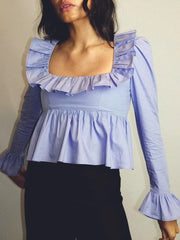 Lizakosht Square Collar Ruffles Pelpum Blouse Shirt Women Long Sleeve French Style Solid Fashion Short Summer Spring Blouse Top