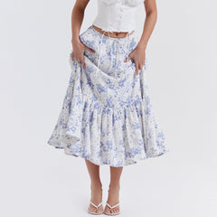 Lizakosht Women's Skirt Floral Printed High Waist Lace Up Mid-length Skirts Female Summer Fashion 2023 Casual Style New