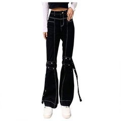 Lizakosht Woman Female High Waist Elastic Pants Girl All-Match Zipper Wash Denim Trousers Women Sexy Lace-Up Decorated Black Jeans
