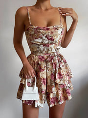 Lizakosht fashion women foral print cowl neck layered Ruffles Romper female overalls summer holiday beach spaghetti strap playsuit rompers