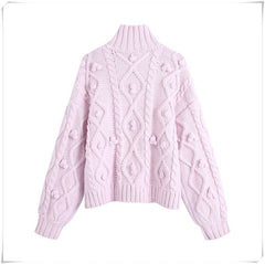 Lizakosht Autumn/Winter New Fashion All-match Solid Color Ball-shaped Knitted Long Sleeve Sweater Korean Pink Casual Loose Sweater