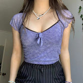 Lizakosht Fashion Print Lace Edge Short Sleeve Top Slim Sexy Puff Sleeve Cropped Women's T-Shirt Casual Commuter Ladies Tops New