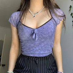 Lizakosht Fashion Print Lace Edge Short Sleeve Top Slim Sexy Puff Sleeve Cropped Women's T-Shirt Casual Commuter Ladies Tops New