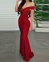Lizakosht Women Elegant Sexy Cocktail Vestir Vestido Evening Gown Twist Front Off Shoulder Sequin Party Mermaid Dress