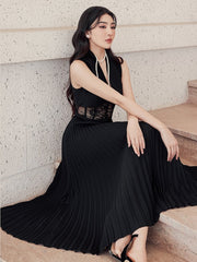 Lizakosht Summer New Black Sexy Lace Long Dress Niche Design Embroidery Hollow High Waist Pleated Evening Dress V-Neck Party