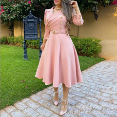 Lizakosht Autumn Dress Women Slim High Waist V-neck Bandage Pleated Dress Women Casual Long Sleeve Double Breasted Turn-down Collar Dress