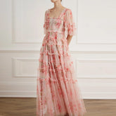 Lizakosht Vacation Floral Print Long Dress Women Short Sleeve Boho Fairy 3 Layers Mesh Pink Fit Flare Party Vestidos Runway Clothes F281