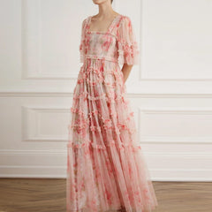 Lizakosht Vacation Floral Print Long Dress Women Short Sleeve Boho Fairy 3 Layers Mesh Pink Fit Flare Party Vestidos Runway Clothes F281