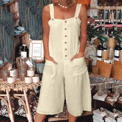 Lizakosht Women Cotton Hemp Beach Playsuit Bodysuit Casual Pocket Button Jumpsuit Linen Vintage Female Loose Strappy Pants Romper Overall