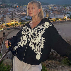 Lizakosht Butterfly Print Hooded Long Sleeve Graphic Sweatshirt Autumn Winter Oversized Streetwear Casual Grunge Clothes Y2K