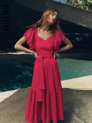 Lizakosht Summer Women Embroidery Dress With Belt Elegant Party Dress Vintage Short Sleeve Hollow Out Chic Female Causal Beach Skirt