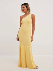 Lizakosht Fashion One Shoulder Knitted Patchwork Maxi Dress Women Diagonal Collar Sleeveless Bodycon Dresses Summer Beach Vacation Robe