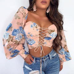 Lizakosht Women Elegant Fashion Summer Top Casual Floral Plunge Long Sleeve Cropped Blouse Floral Drawstring Lace-up Blouse
